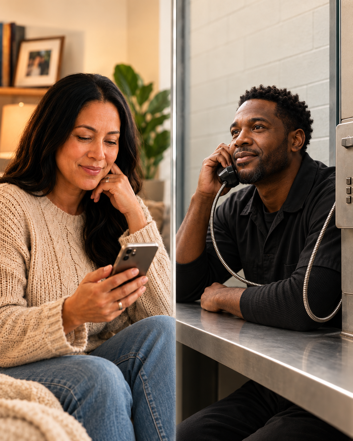 Illustrative scene of a woman at home reading a phone message and a man listening on a facility telephone.